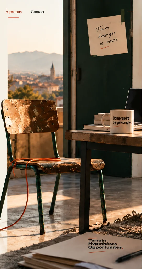 Chaise vide et bureau baignés de lumière chaude, câble orange au sol